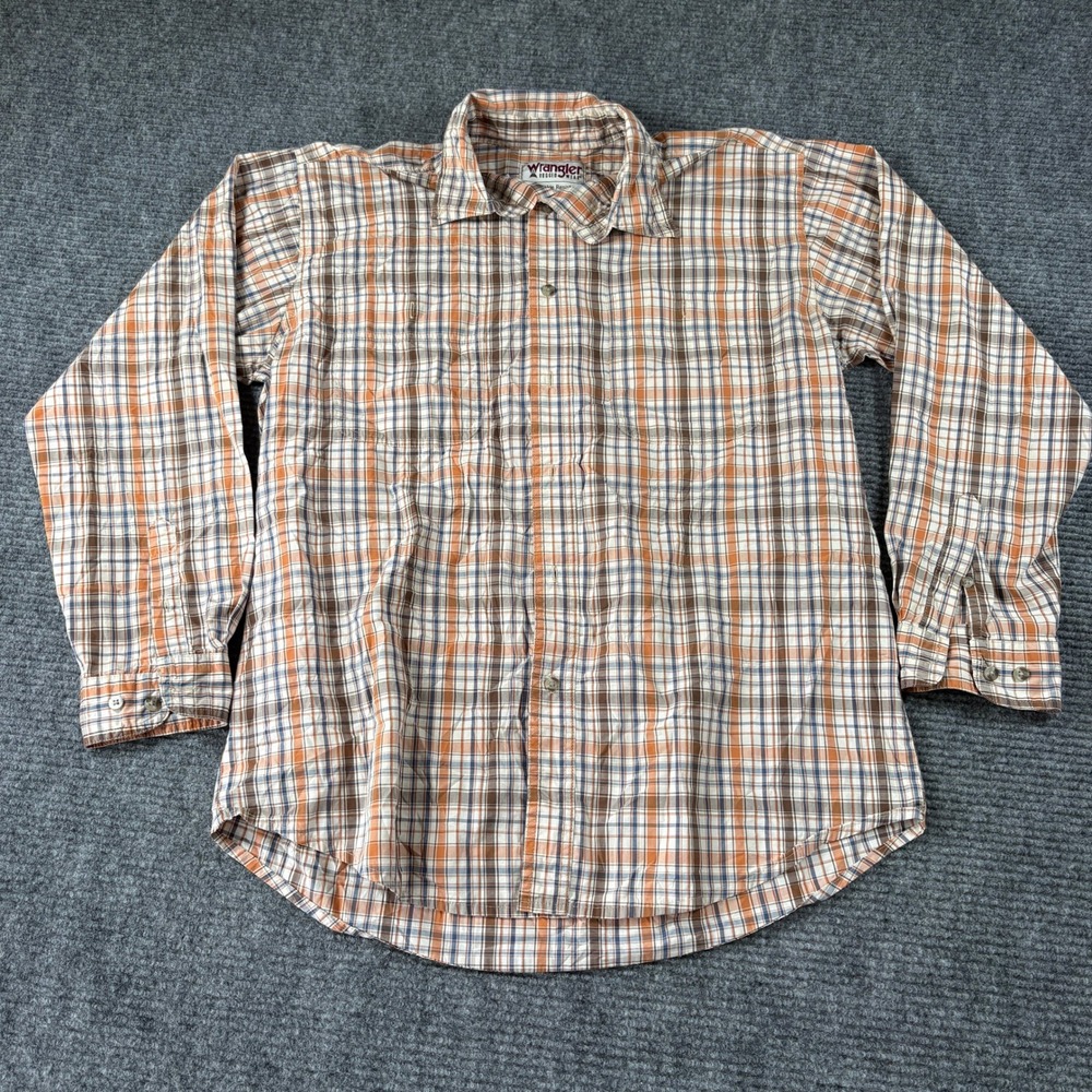 Wrangler Rugged Wear Mens Large Orange Brown Plaid Button Down Shirt WGGH34423